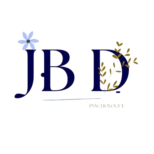Logo du psychologue Jean Benoit Dumonteix. Ce sont ses initiales, avec une fleur bleu au dessus du J, et un feuillage dans le corps du D.