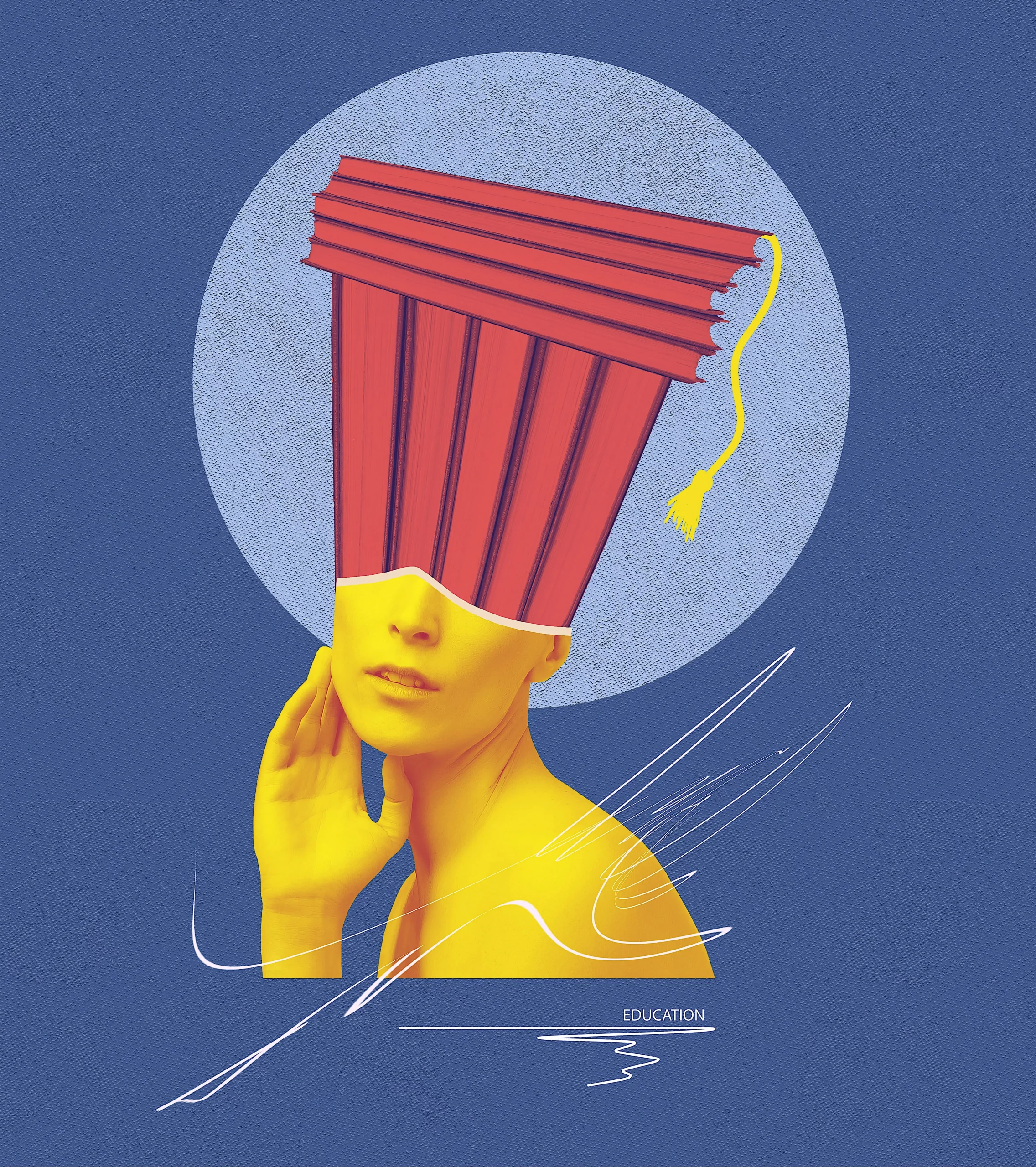 Illustration artistique d'un buste humain avec une pile de livres rouges en guise de tête et un chapeau de diplômé, sur un fond bleu, symbolisant l'éducation, la connaissance et l'étude en psychologie