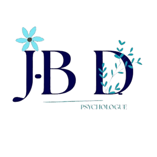 Logo du psychologue Jean Benoit Dumonteix. Ce sont ses initiales, avec une fleur bleu au dessus du J, et un feuillage dans le corps du D.