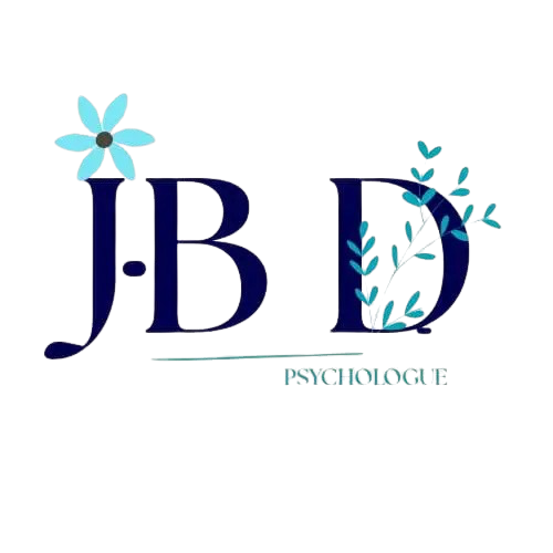 Logo du psychologue Jean Benoit Dumonteix. Ce sont ses initiales, avec une fleur bleu au dessus du J, et un feuillage dans le corps du D.