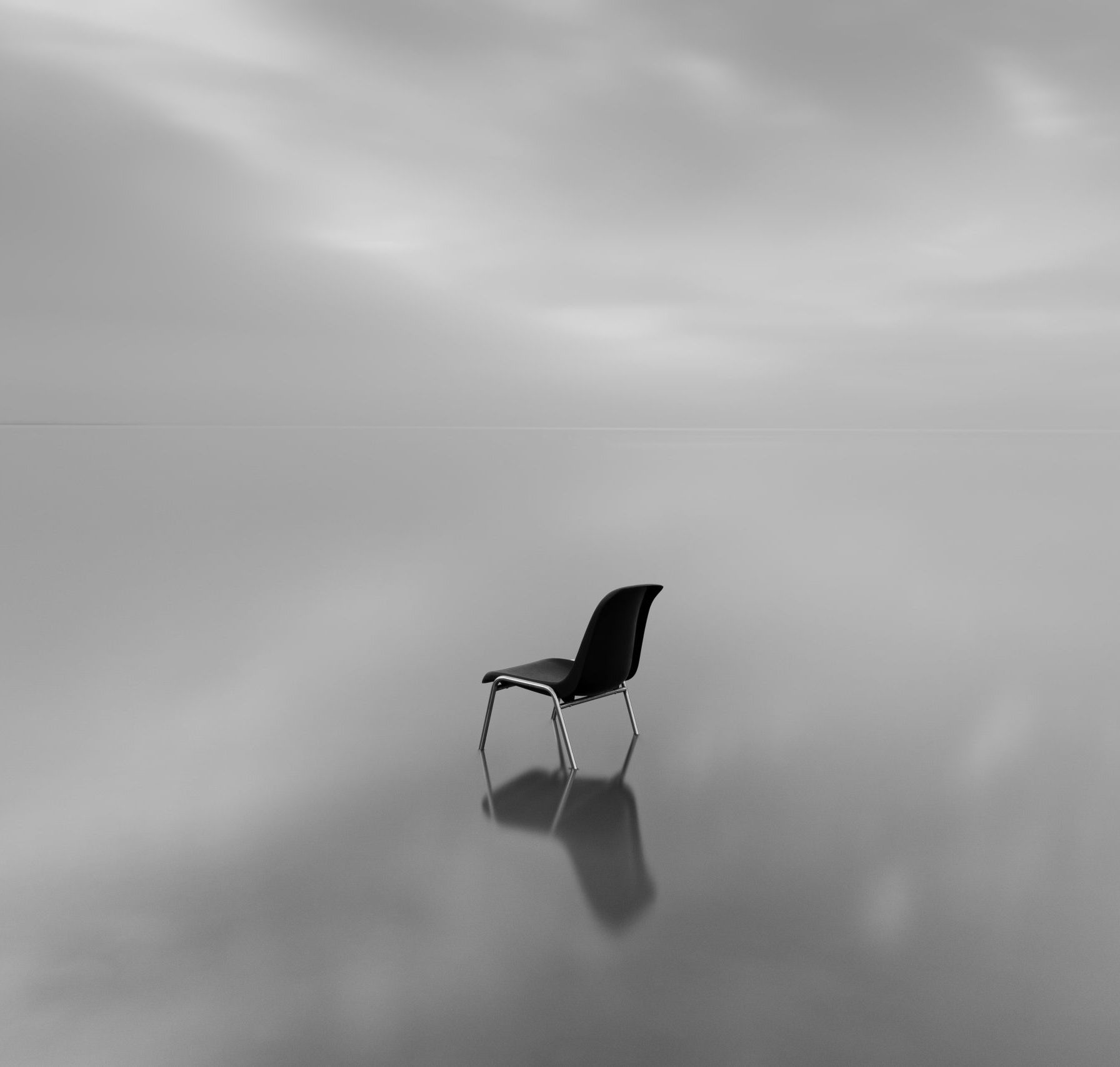 illustration d'une chaise au milieu d'un lac gris et d'un ciel gris